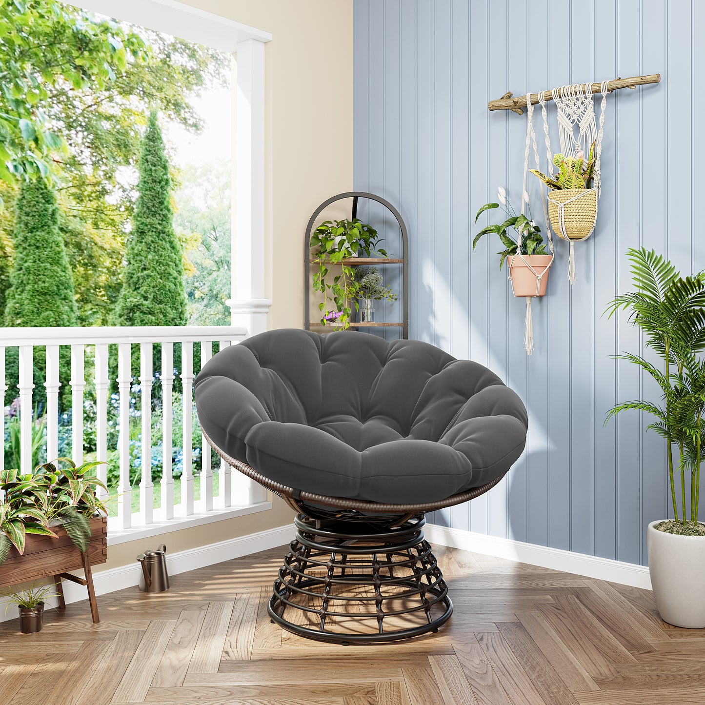 Comfortable Ergonomic Wicker Papasan Chair, 360° Swivel Indoor Outdoor Rattan Chair with Soft Thick Cushion, Ideal for Living Room, Bedroom, Reading Room, Brown Frame with Grey Cushion