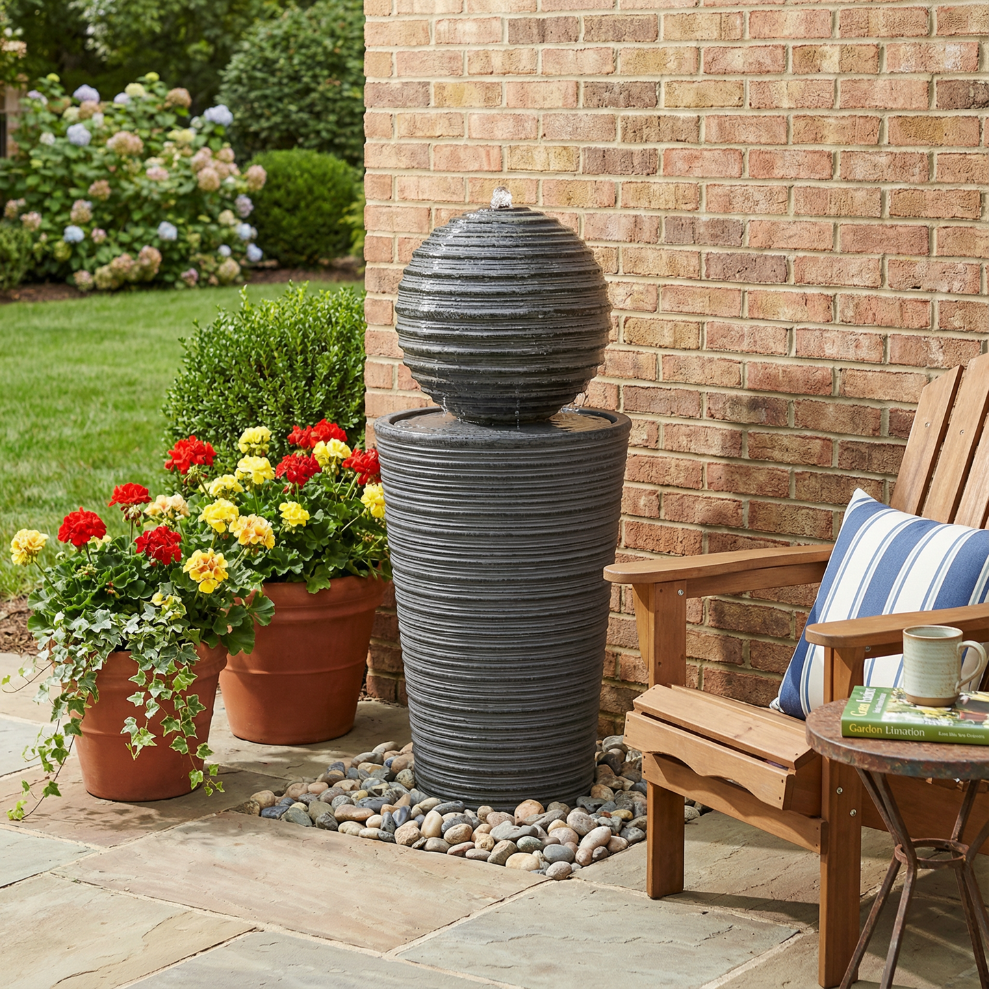 31.5"H Tall Striped Concrete Column Fountain-LED Light,Shadow Ambiance Maker for Modern Outdoor Spaces