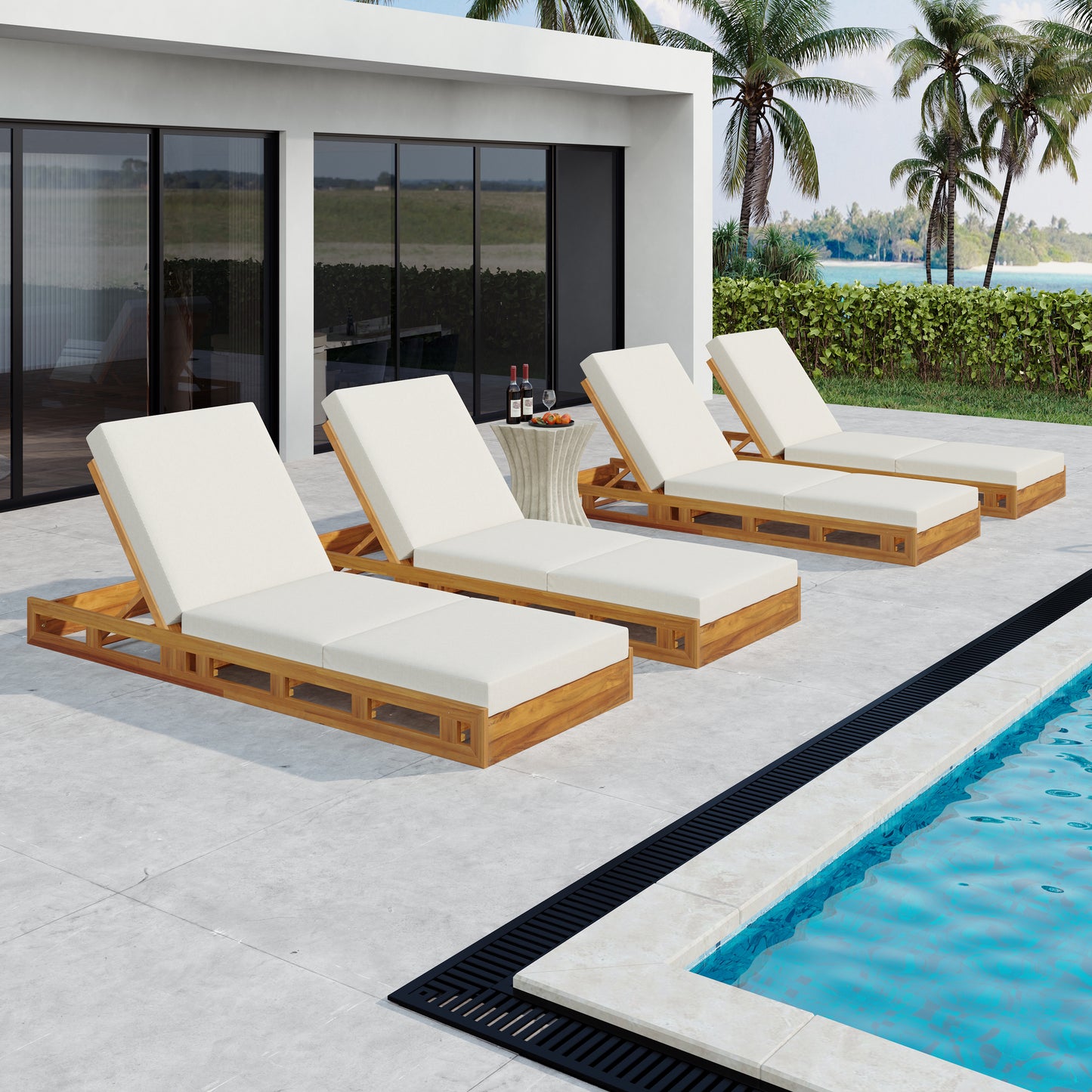 LOUNGE CHAISE SET, ACACIA SOLID WOOD WITH LOUNGE CUSHION (CREAM & TRIPLE FOLD) - MATCHING DARK GREY VERSION AVAILABLE