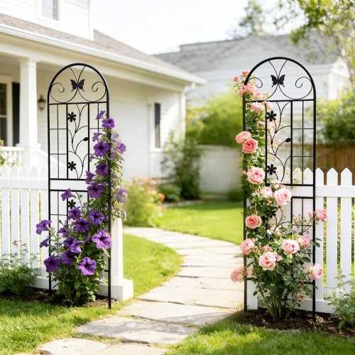 86.7 in. Black Iron Garden Trellis Outdoor Climbing Plant/Flower Support (2-Pack) Butterfly and Flower Design