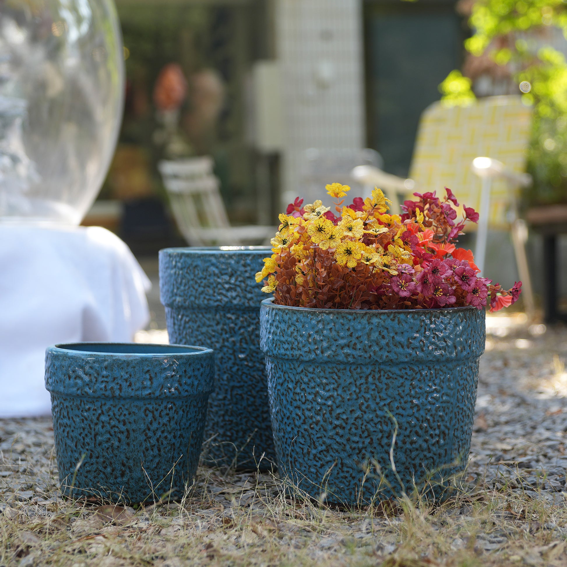 Handmade Ceramic Planter Set of 3, 15/12/9 Inch Diameter, Blue Textured Pattern, for Succulents & Indoor Plants, Windowsill & Bookshelf Use, Breathable Clay