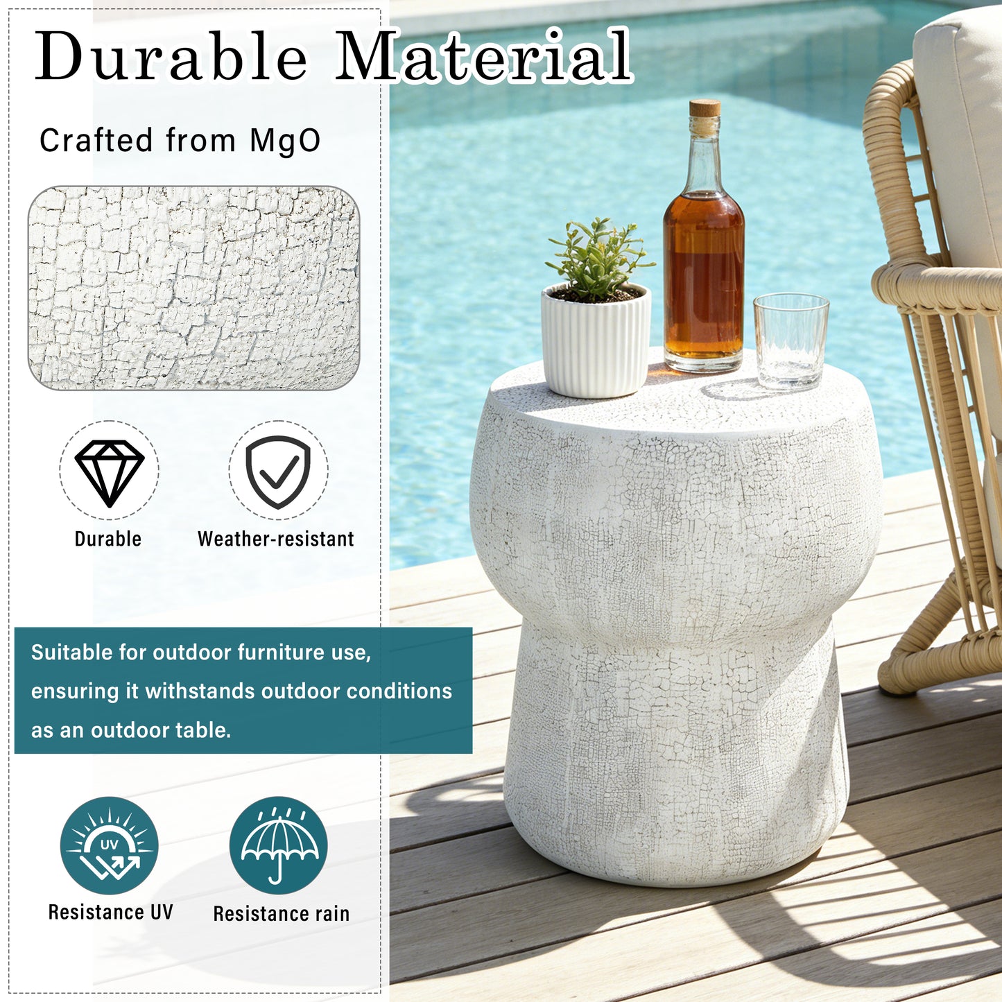 U_Style Outdoor Patio Accent Table with Crack process , Morden Concrete coffee Table with Double Barrel Shape Outdoor Side Table, Garden Stoolsl  for Patio,Garden, Backyard.