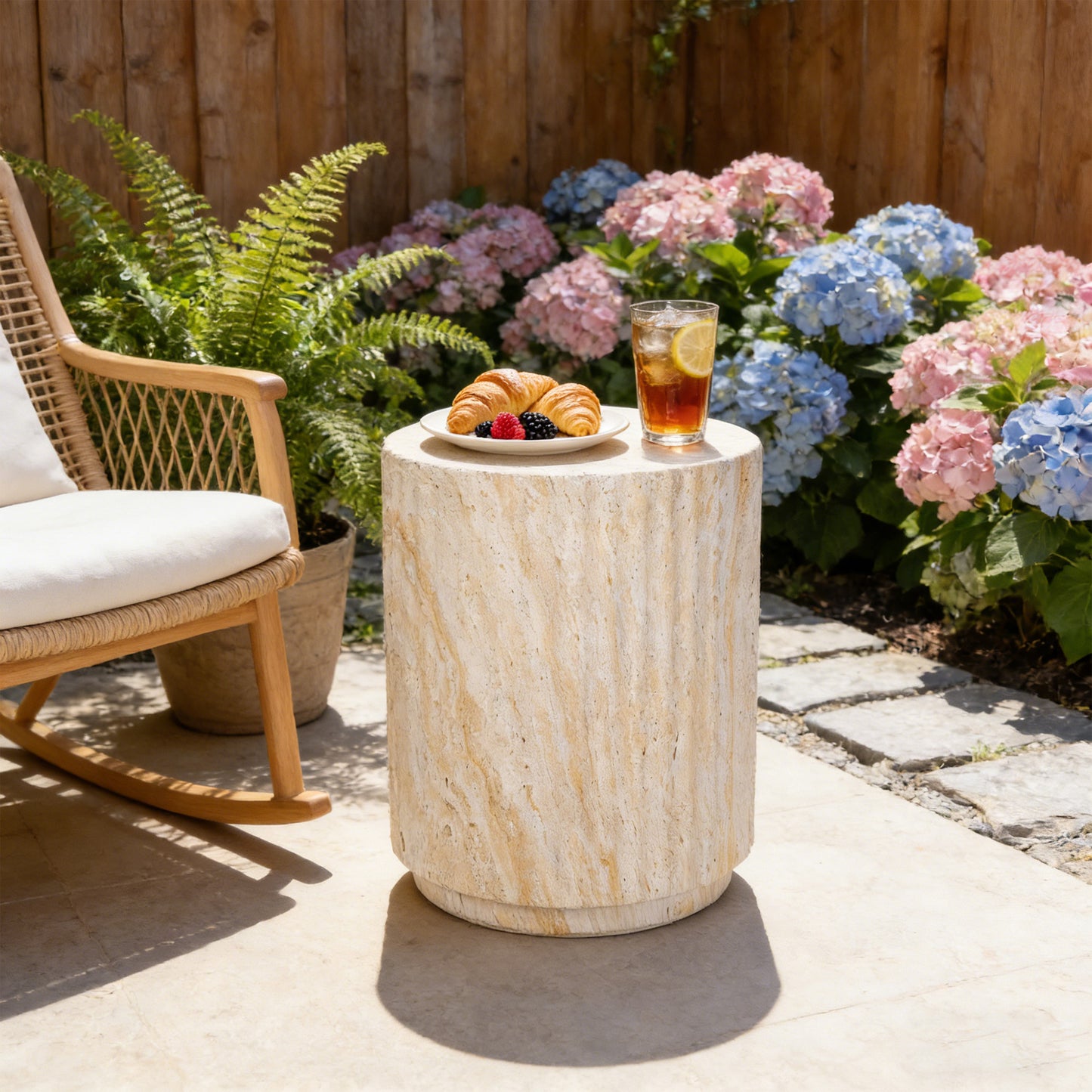 U_Style COSIEST Outdoor Side Table, Cylinder Shaped MgO Patio End Table, Lightweight Accent Table with Wave Design, Round Plant Stand Tool for Garden And Balcony