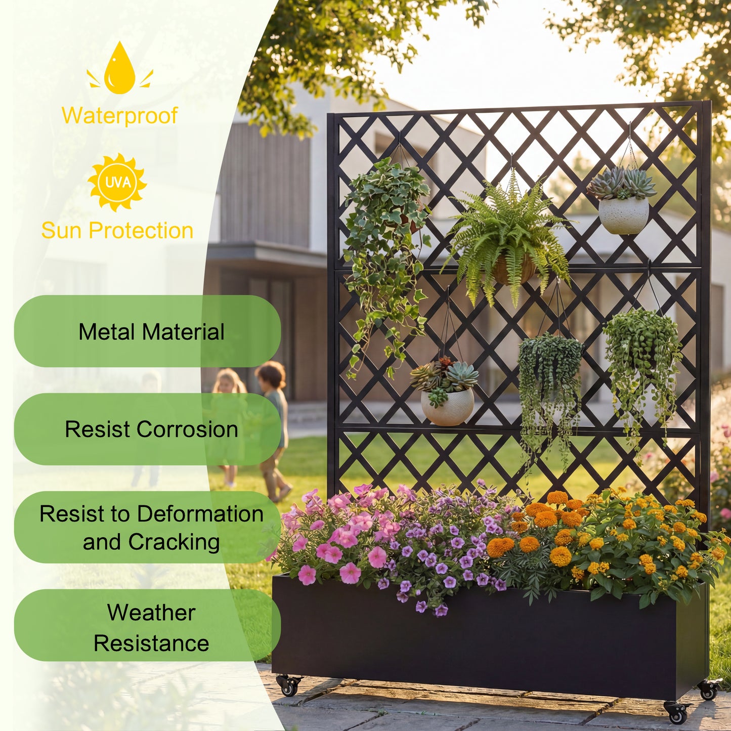 Metal Raised Garden Bed with Wheels and Trellis,73"x47"x16" Planter Box for Climbing Plants, Vegetables & Vines, Features Privacy Screen and Drainage Holes