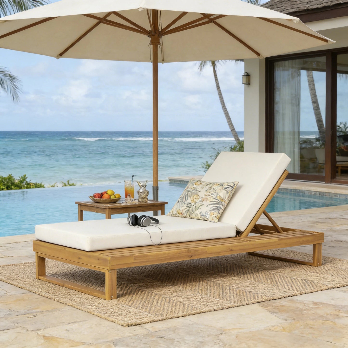 Teak Finish Acacia Wood Chaise Lounge with 4-Inch Cream 2-Fold Cushion Set, 4-Position Adjustable Outdoor Patio Lounger with Flat Side Surface, for Poolside - Matching dark grey version available