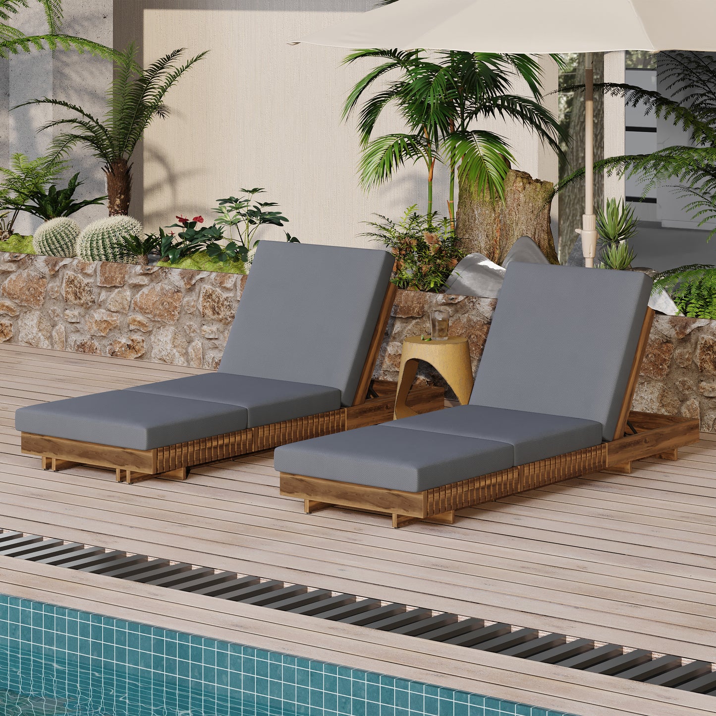 Lounge chaise Set, Acacia solid wood with  LOUNGE CUSHION (Dark Grey+TRIPLE FOLDS) - Matching Cream Version Available