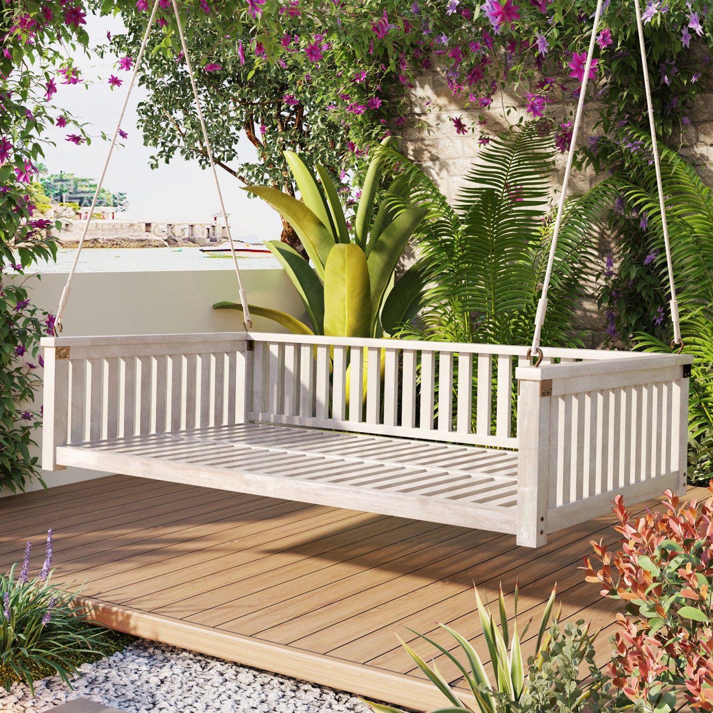 TOPMAX Patio Minimalist Twin Size Garden Swing Bed Wood Porch Swing with Ropes for Backyard, Safe Sloped Design, White