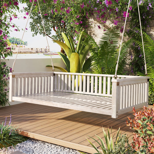 TOPMAX Patio Minimalist Twin Size Garden Swing Bed Wood Porch Swing with Ropes for Backyard, Safe Sloped Design, White