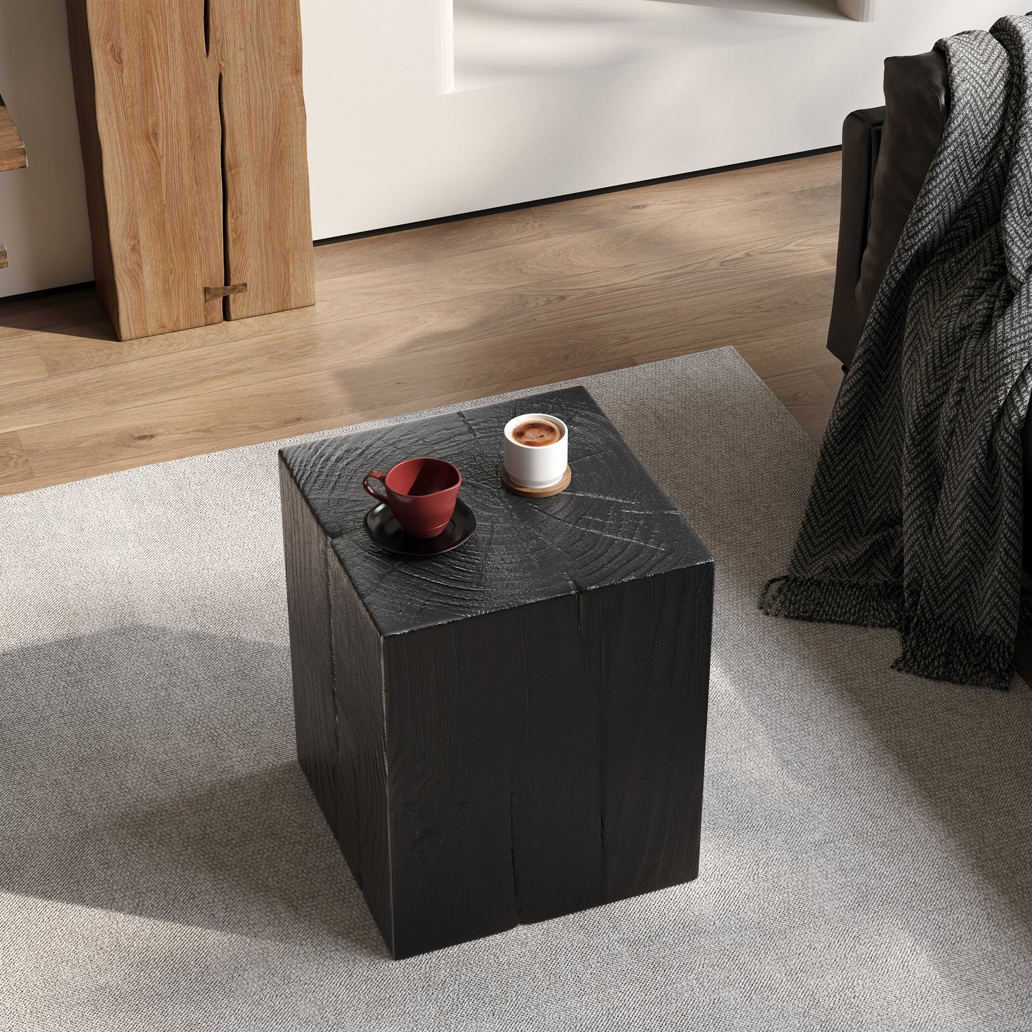 Wood-Look Square-Column MGO End Table, H18",Wood-Like Distressed Finish, Mix with Different Heights, Indoor Outdoor Use,Black Color