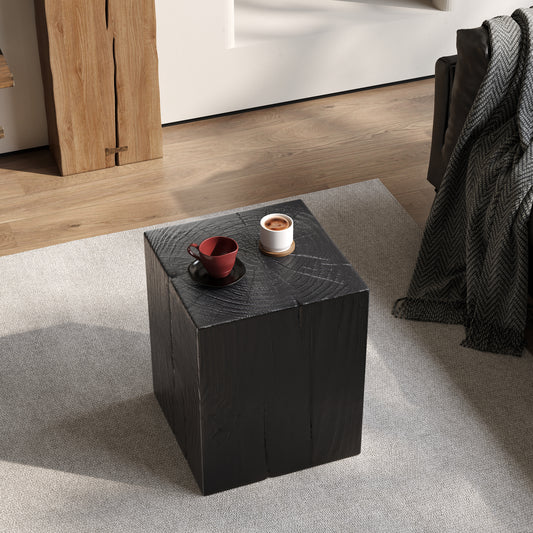 Wood-Look Square-Column MGO End Table, H18",Wood-Like Distressed Finish, Mix with Different Heights, Indoor Outdoor Use,Black Color