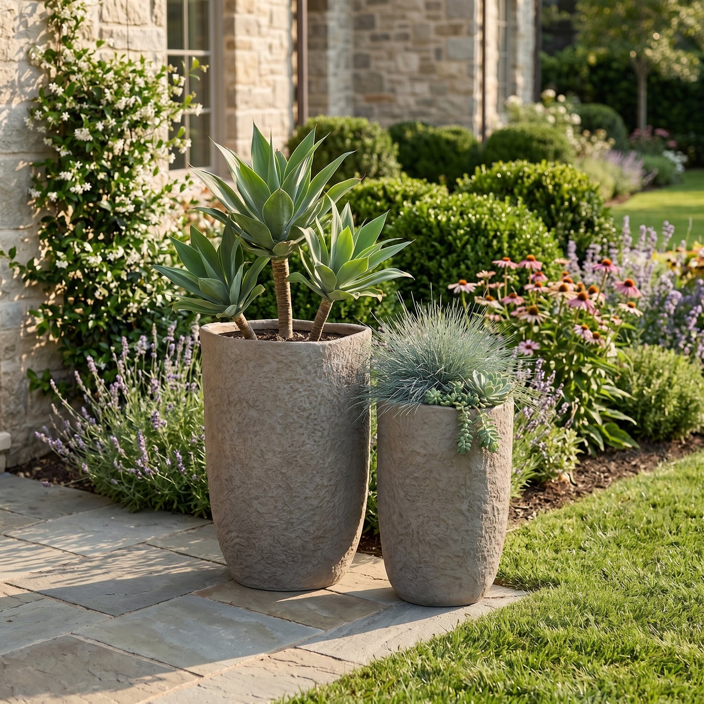 Round Concrete Planter Set of 2, Large Outdoor Indoor Handmade Rustic Decorative Planter Pots Containers with Drainage Holes for Home Garden Patio, 14" x 22" & 17" x 26" (Coffee)