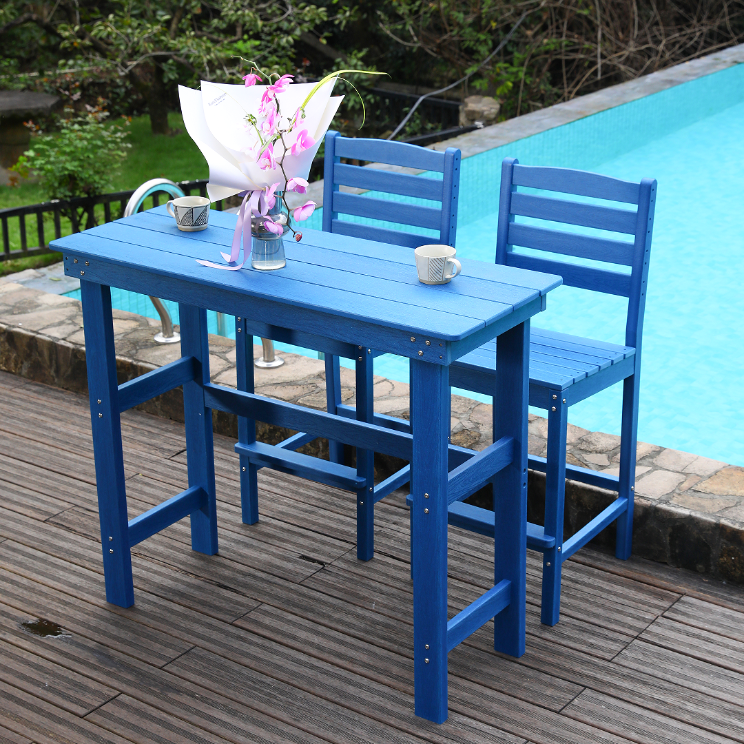 HDPE type outdoor dining and bar table is very practical. It is suitable for lawns, gardens, backyards and pool sides. Navy blue, and it is waterproof and corrosion-resistant.All Weather,