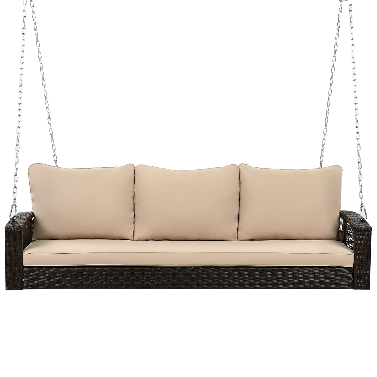 GO 69" PE Wicker 3-Person Porch Swing with Chains, Large Patio Swing Bench with Cushions for Backyard, Garden, and Poolside, Brown