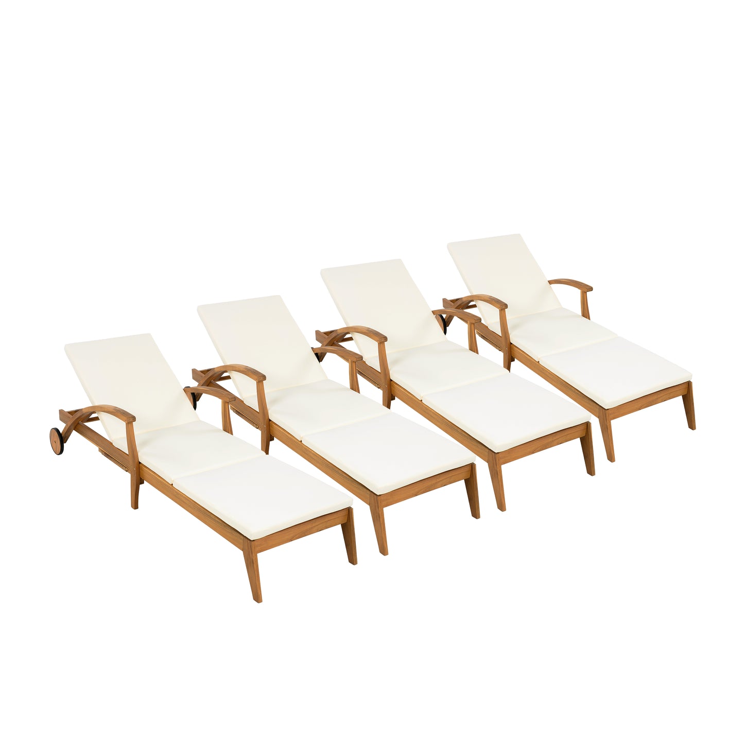 CHAISE LOUNGE WITH WHEEL - ACACIA WOOD RECLINER FOR PATIO/GARDEN, WITH 2INCH WHITE CUSHION, 4-POSITION ADJUSTABLE BACKREST, VERSATILE OUTDOOR FURNITURE