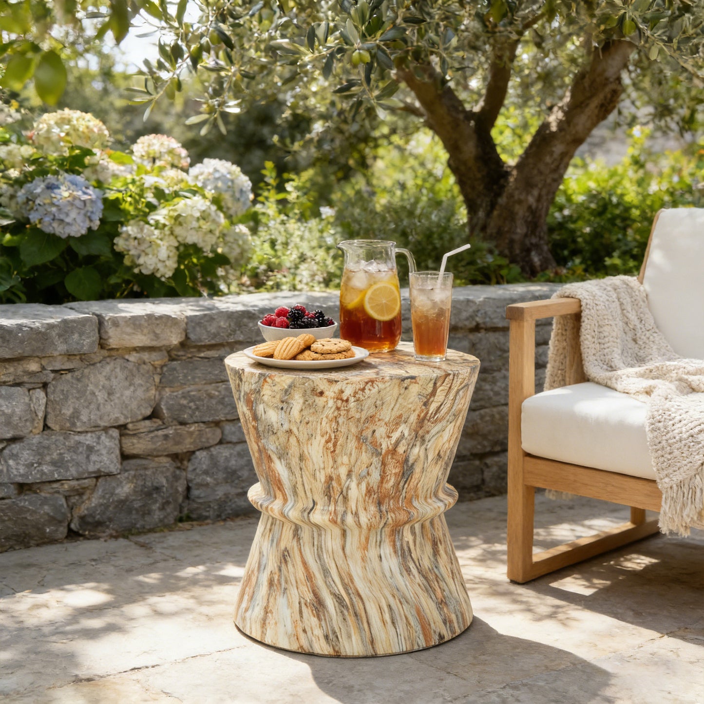 U_Style Hourglass shape Outdoor Side Table, Concrete Contemporary Lightweight Accent Table with Simulated stone texture , Outdoor Accent End Table for Livingroom, Garden,
