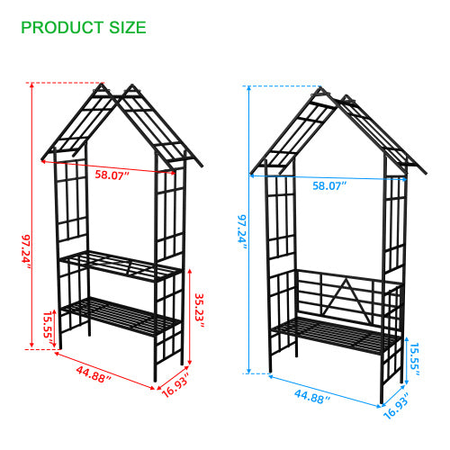 97" Tall Metal Garden Arch with Bench - Convertible Flower Stand for Climbing Plants, Powder-Coated Black Outdoor Arbor for Roses/Ivy (58" Wide)