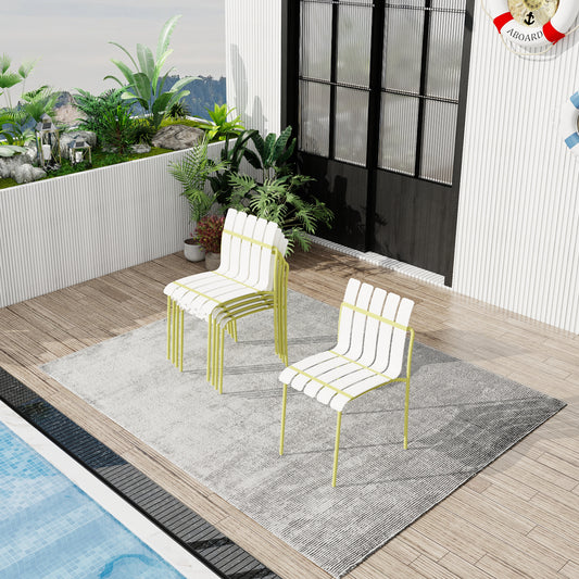 Summer - 4-Pack Modern Striped Color Block Chairs - Waterproof PP Seat & Sturdy Metal Legs, Indoor/Outdoor Dining Set for Patio, Balcony, Café (White & Yellow)