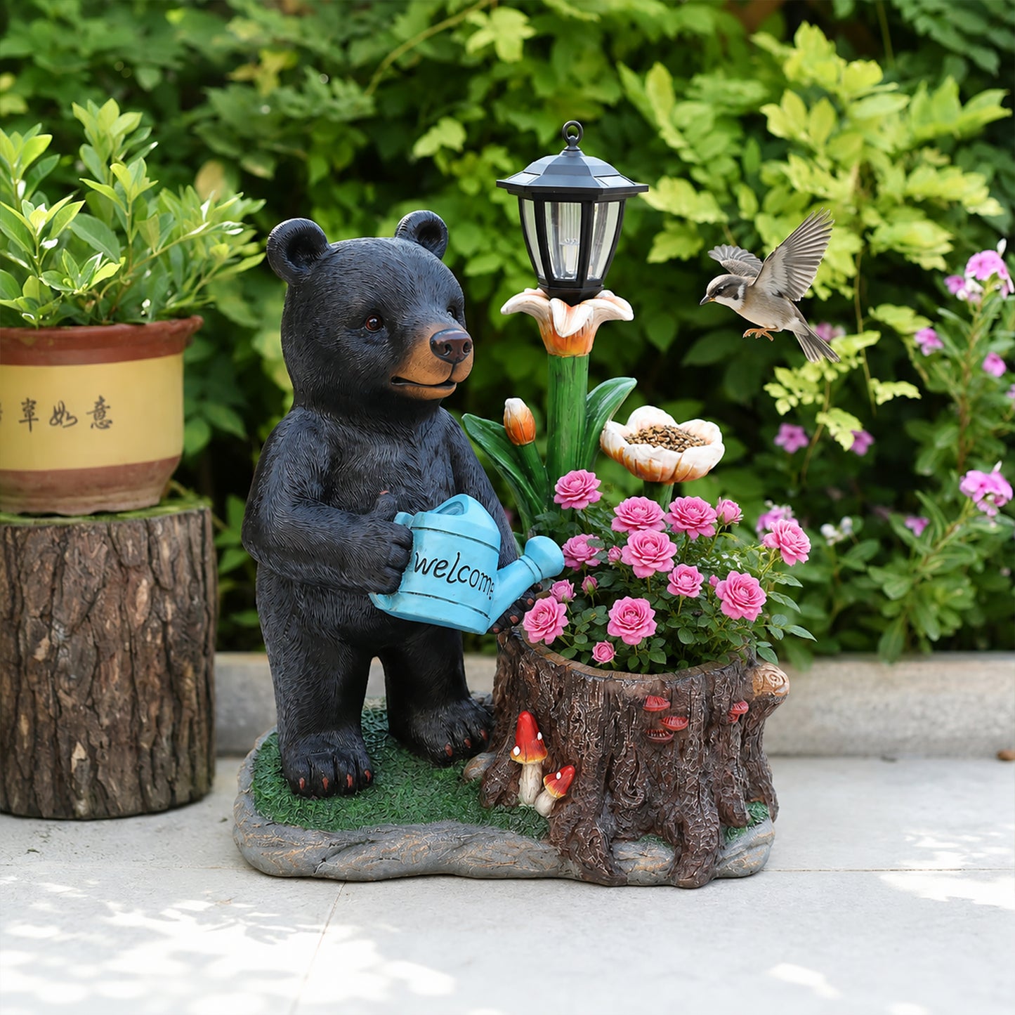 Standing Black Bear Garden Planter with Decorative Solar Lantern - Whimsical Polyresin Wildlife Flower Pot for Porch & Patio Decor