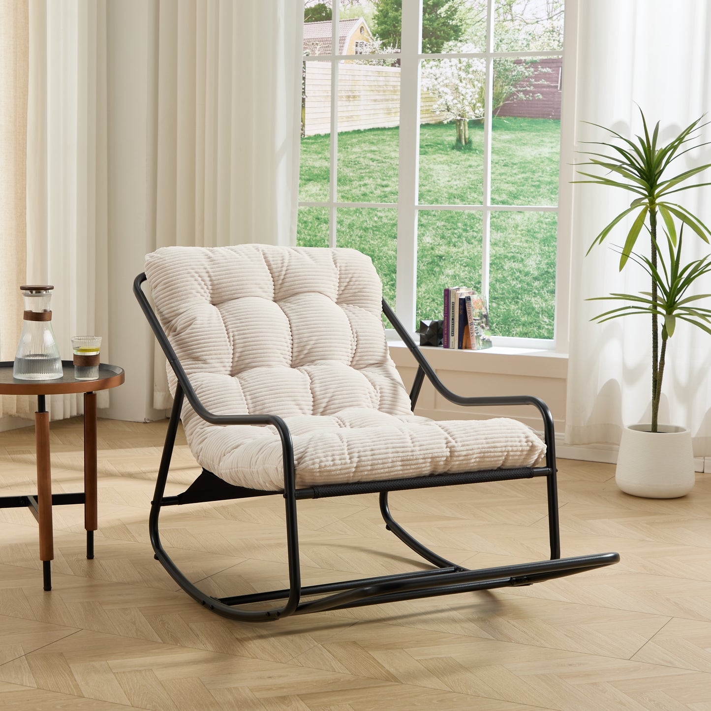 Outdoor Rocking Chair, Comfy Cushion, with Soft Thick Cushion,for Living Room, Bedroom, Reading Room, Black Frame with White Cushion