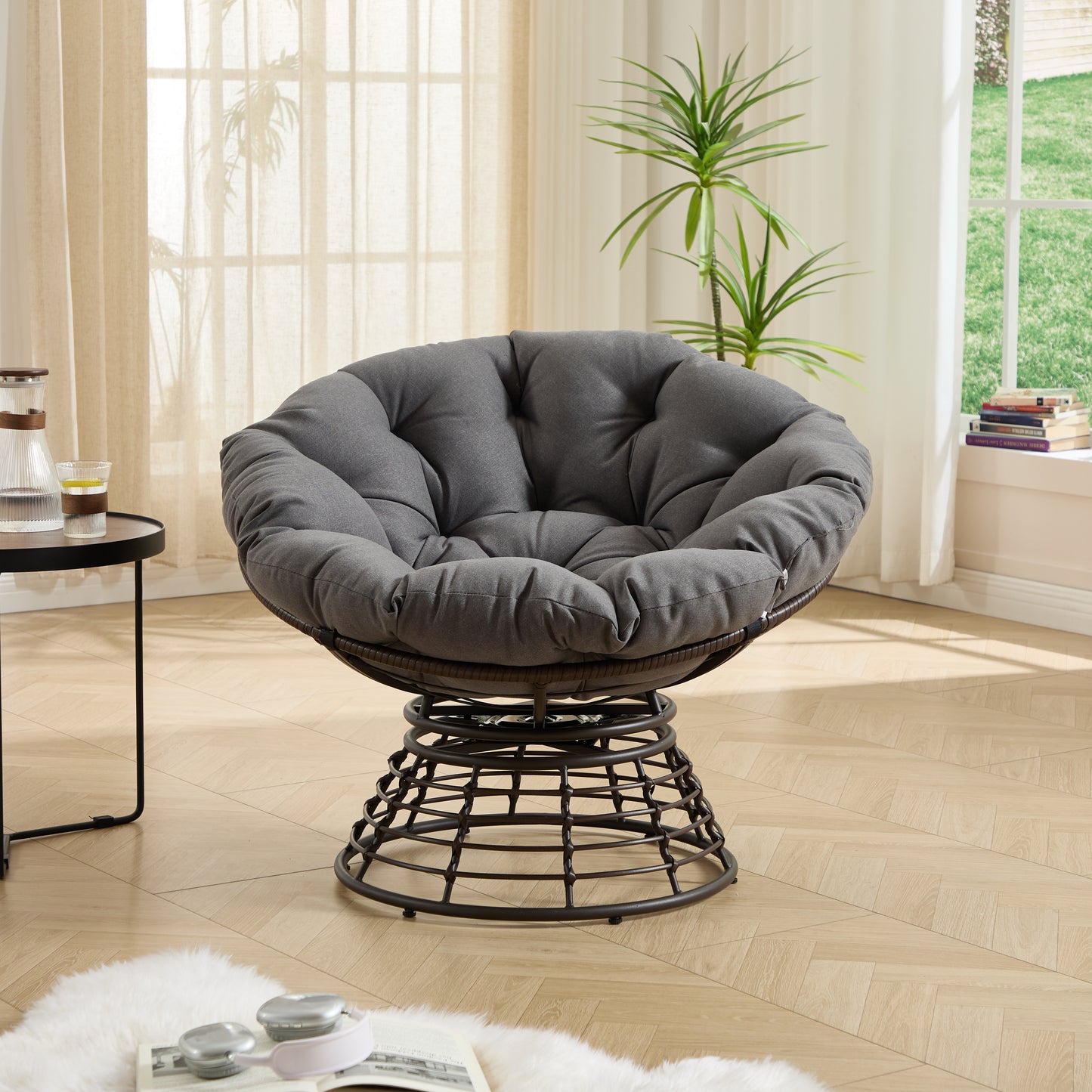 Comfortable Ergonomic Wicker Papasan Chair, 360° Swivel Indoor Outdoor Rattan Chair with Soft Thick Cushion, Ideal for Living Room, Bedroom, Reading Room, Brown Frame with Grey Cushion