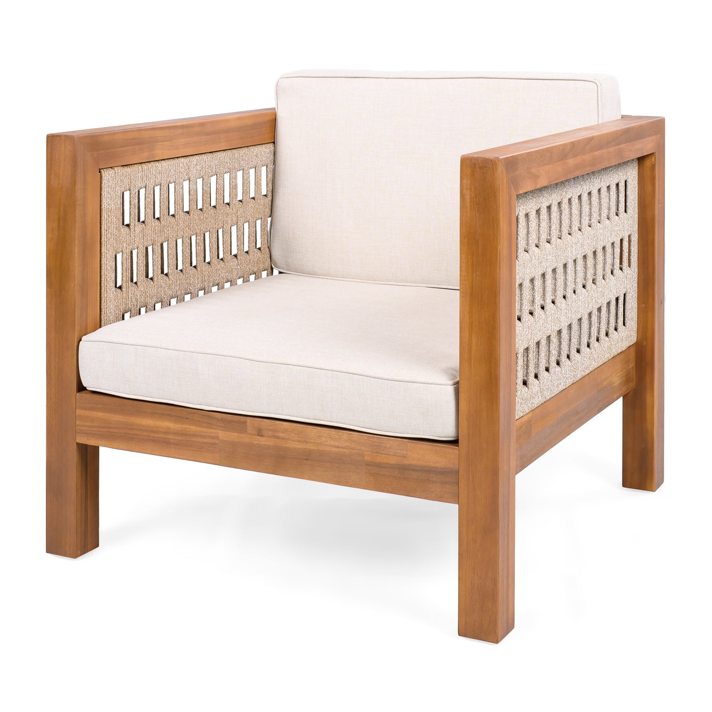 Acacia Wood Outdoor Club Chair  with Beige Rope Arm and Beige Cushions,400 lbs Capacity