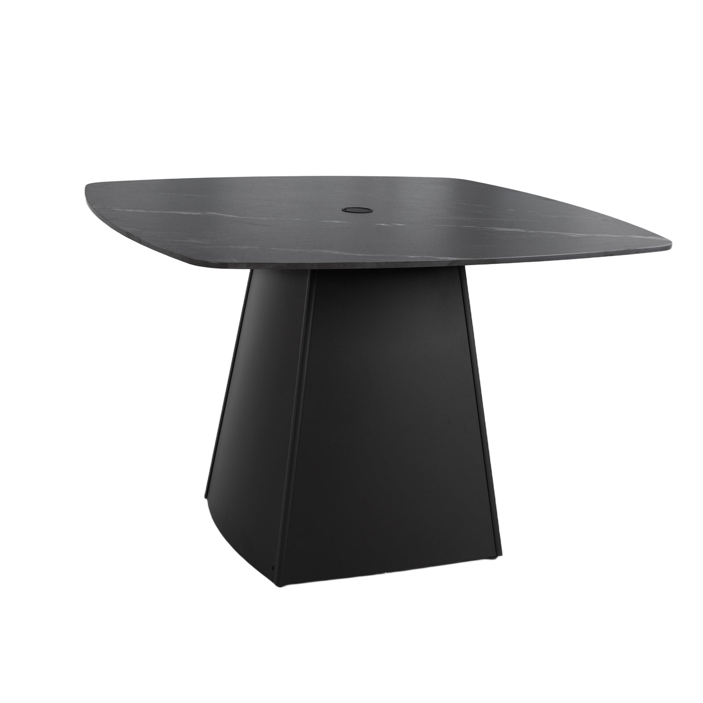 Modern 44" Rounded Square Outdoor Pedestal Dining Table, Black Sintered Stone Top, Flared Pyramid Aluminum Pedestal Base, Weather-Resistant, Rust-Free, for Patio, Deck, Poolside, Balcony – Seats 4