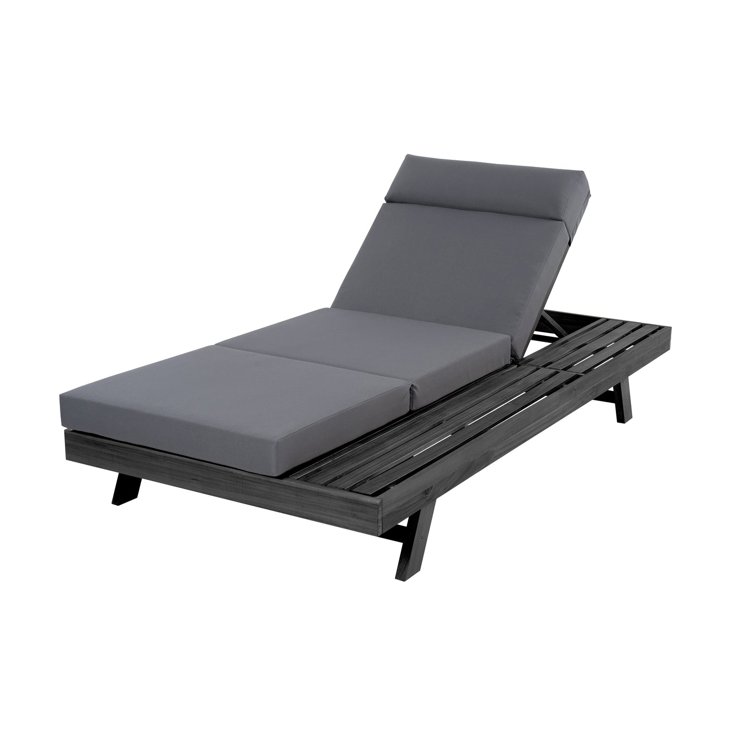 Lounge Chaise Set With Headrest, Space Available On One Side, Acacia Wood In Black With Water-Resistant Lounge Cushions (Dark Grey & 3-Fold & 4 Inch) – Matching Cream/Beige Version Available