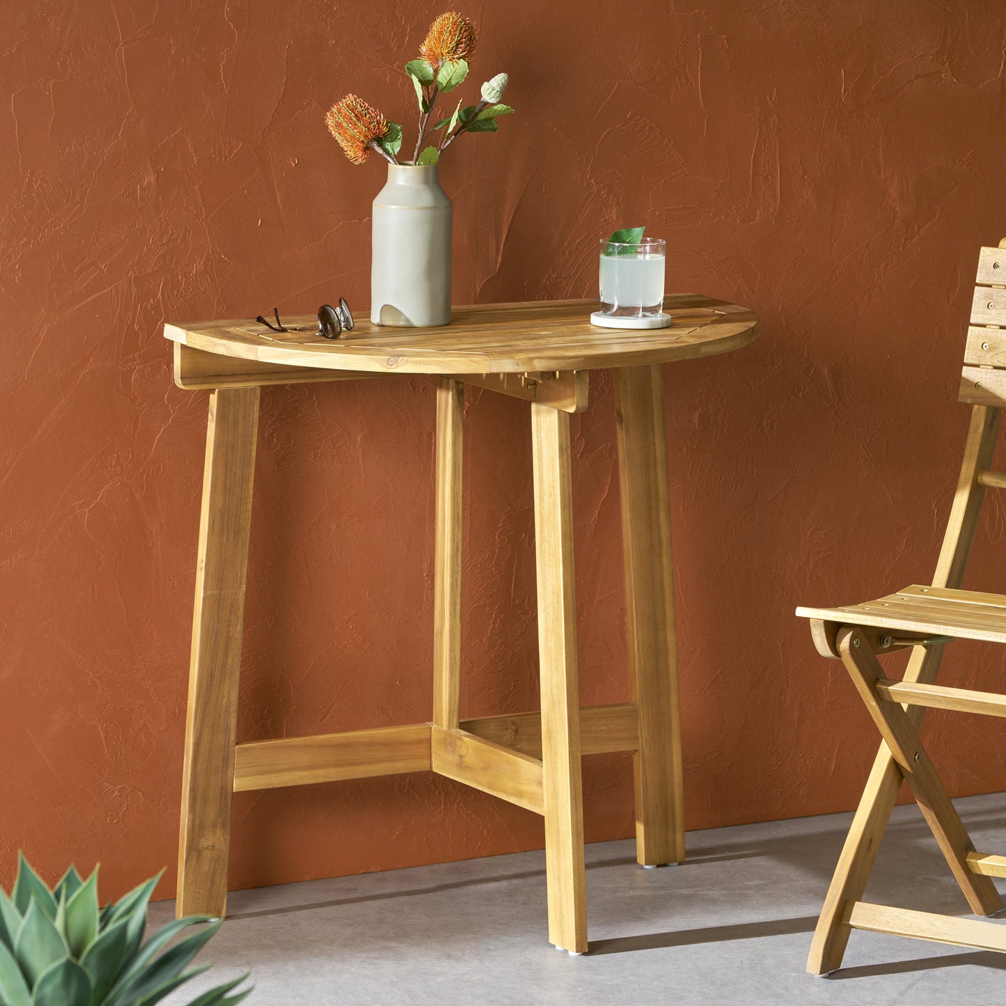 Outdoor Half-Round Folding Acacia Wood Bistro Table, Natural