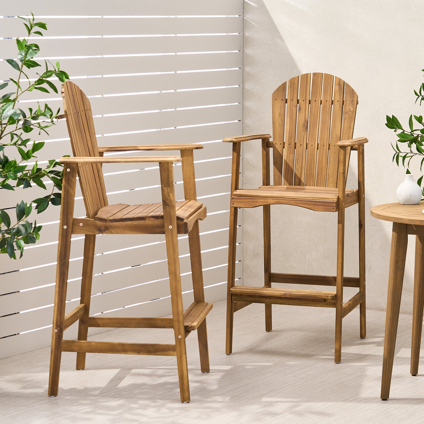 Outdoor Acacia Wood Adirondack Barstools, Set of 2, Natural Stained