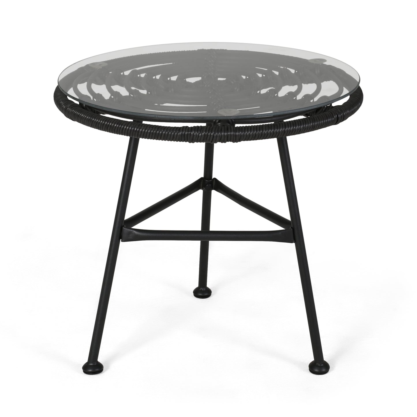 Orlando Outdoor Glass Top Faux Rattan Side Table,Tempered Glass Top End Table for Balcony Porch Deck