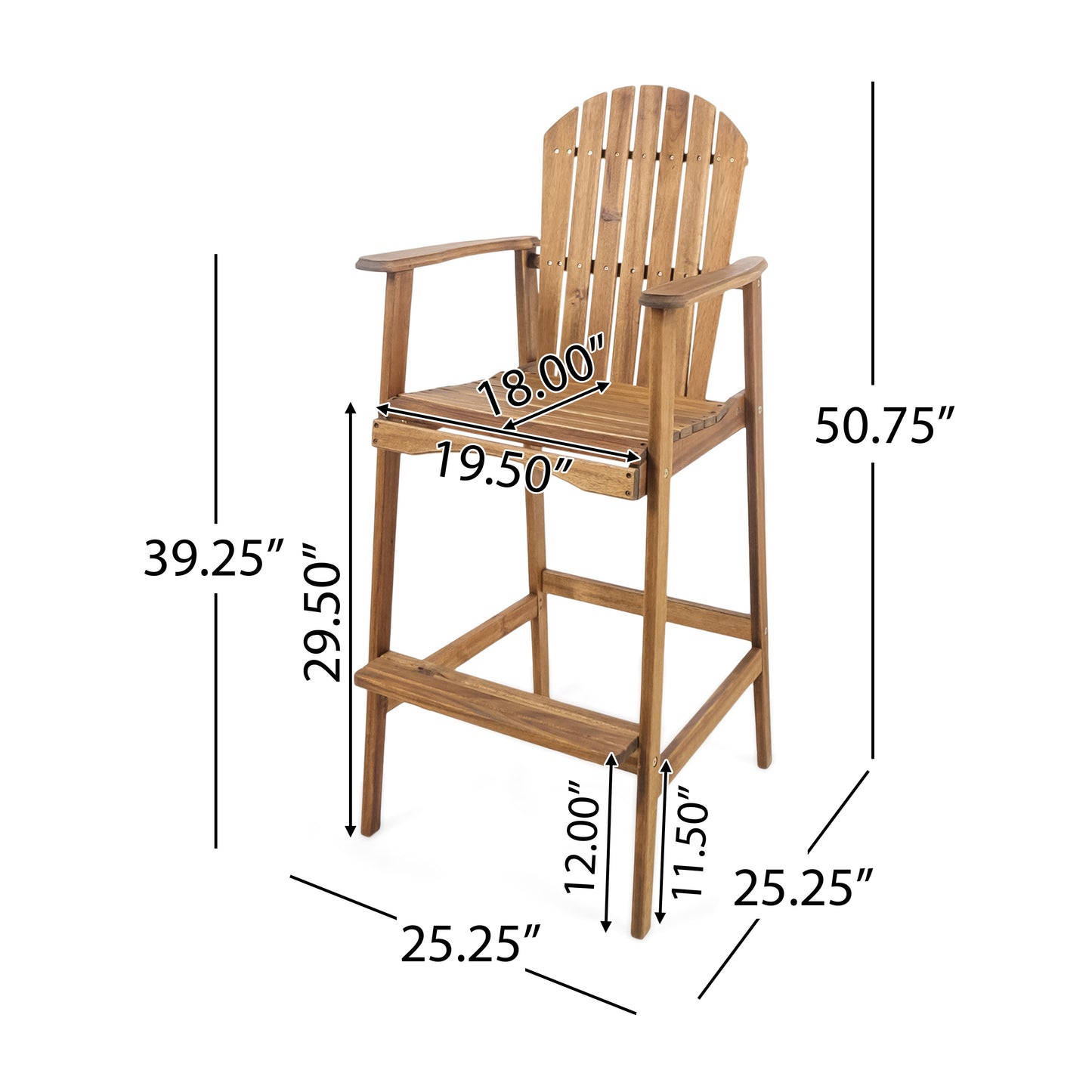 Outdoor Acacia Wood Adirondack Barstools, Set of 2, Natural Stained