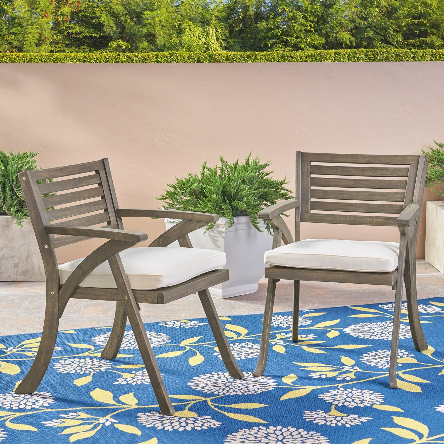 Helen Outdoor Acacia Wood Dining Chair, Gray and Crème(Set of 2)