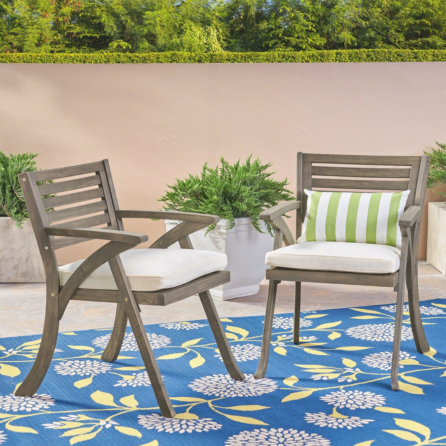 Helen Outdoor Acacia Wood Dining Chair, Gray and Crème(Set of 2)