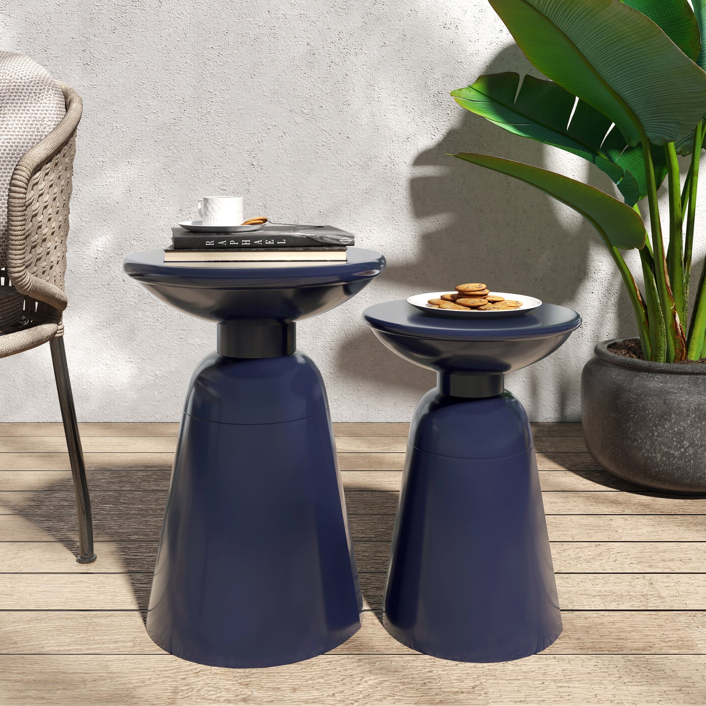 Serenita Outdoor Iron Side Tables with Flared Design, Set of 2 , Navy Blue
