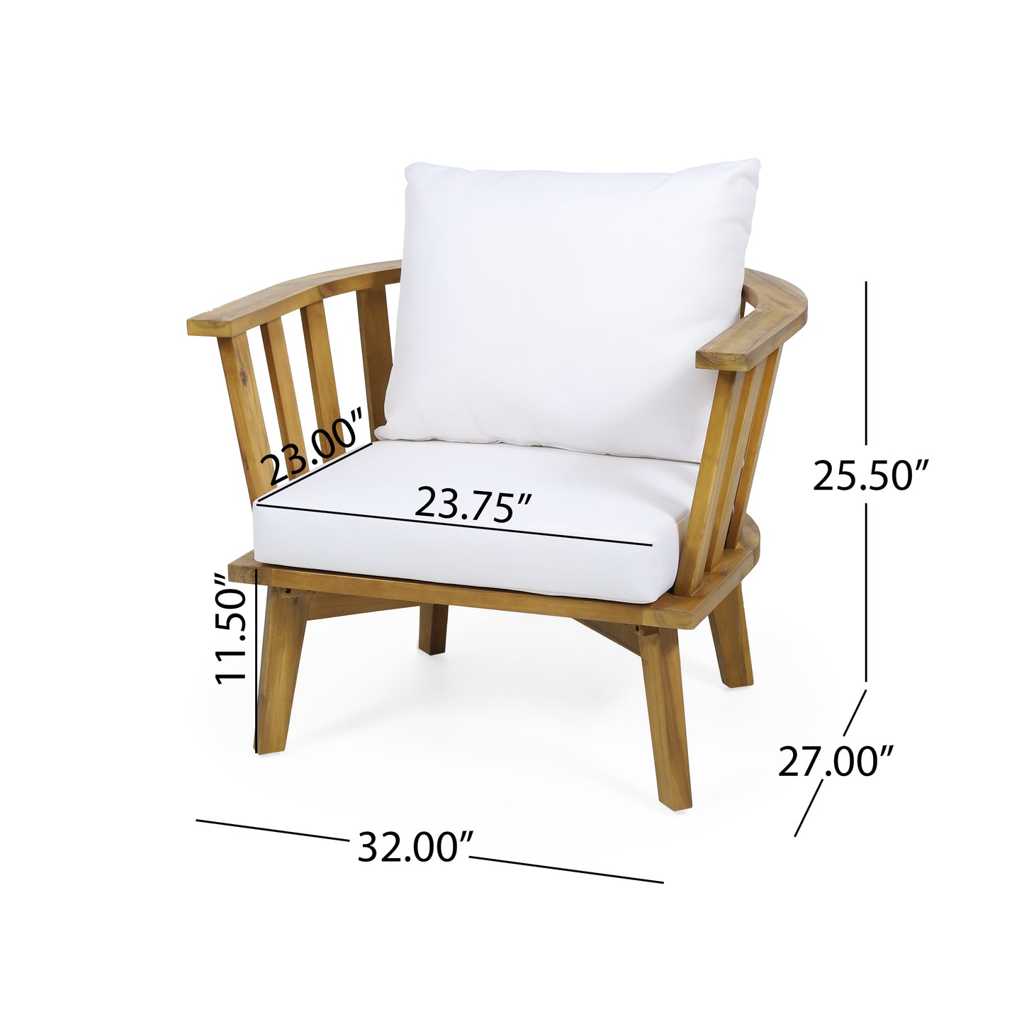 Outdoor Acacia Wood Patio Club Chair, Wooden Patio Furniture,Waterproof Thick Cushion Deep Seating for Porch, Garden, Backyard, Balcony, Weight Capacity 400lbs, Teak Finish, White