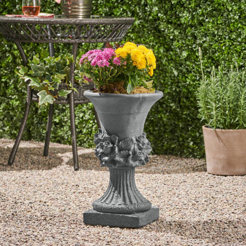 11.75 in. W x 19.5 in. H Gray Garden Urn Planter, Lightweight Concrete Plant Planter, Antique-Inspired Design