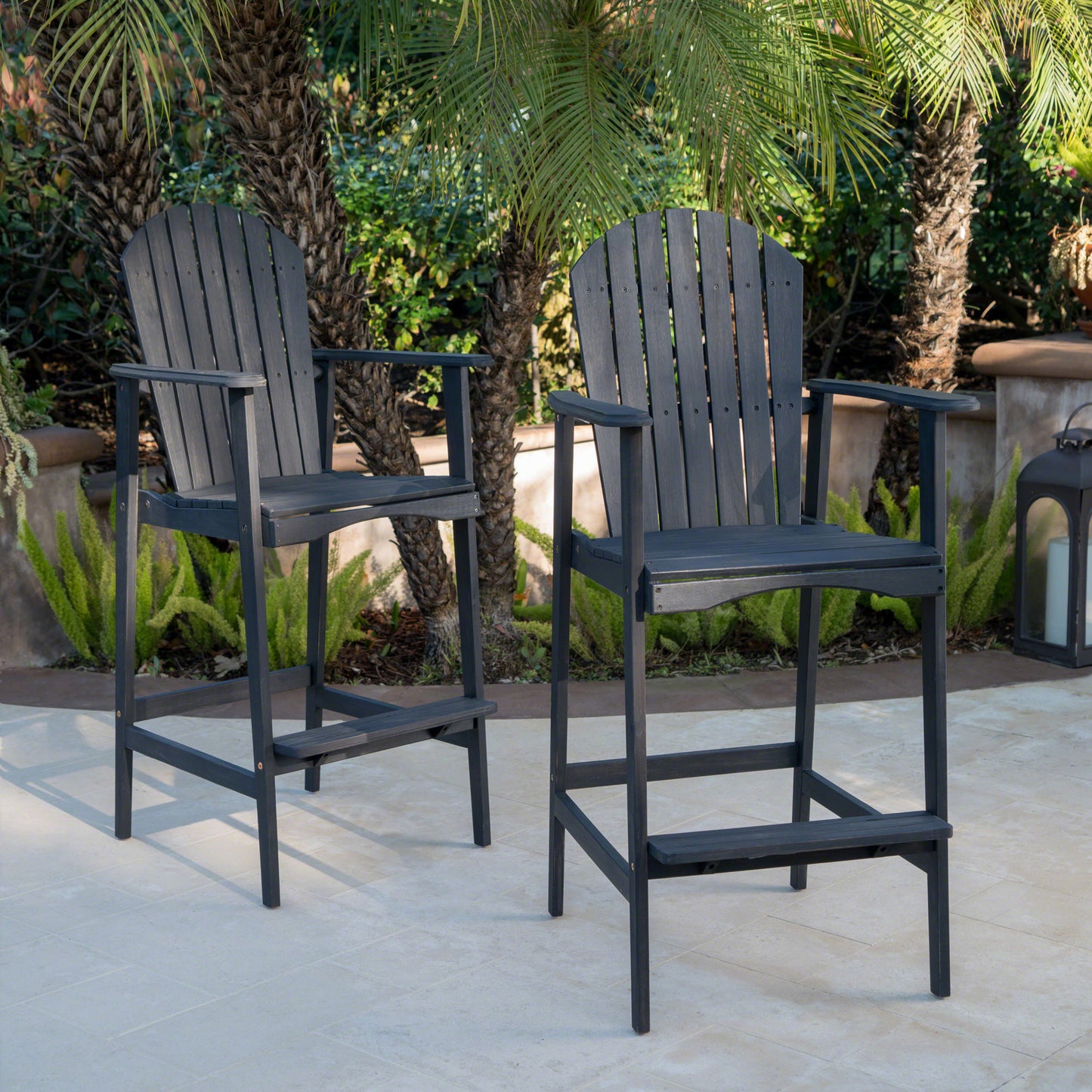 Outdoor Acacia Wood Adirondack Barstools, Set of 2, Dark Gray
