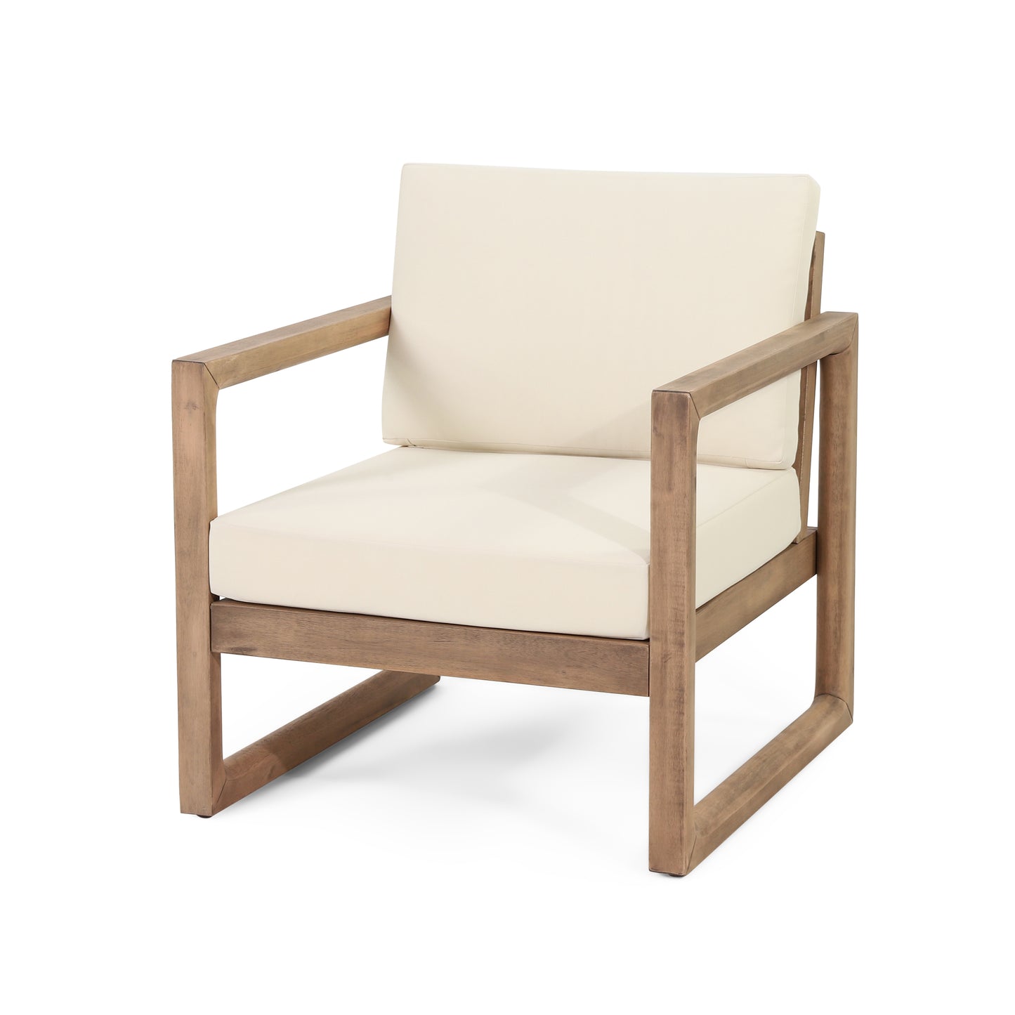 Outdoor Acacia Wood Patio Club Chair, Wood Patio Furniture,Waterproof Thick Cushion Deep Seating for Porch, Garden, Backyard, Balcony, Brown Wash and Beige Cushion