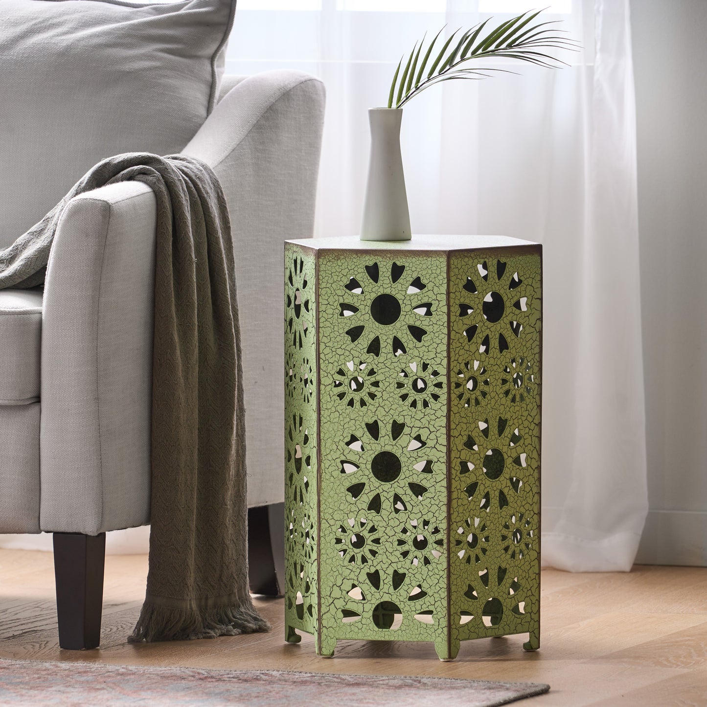 Galore 14" Side Table with Sunburst Cut Out Design, Green