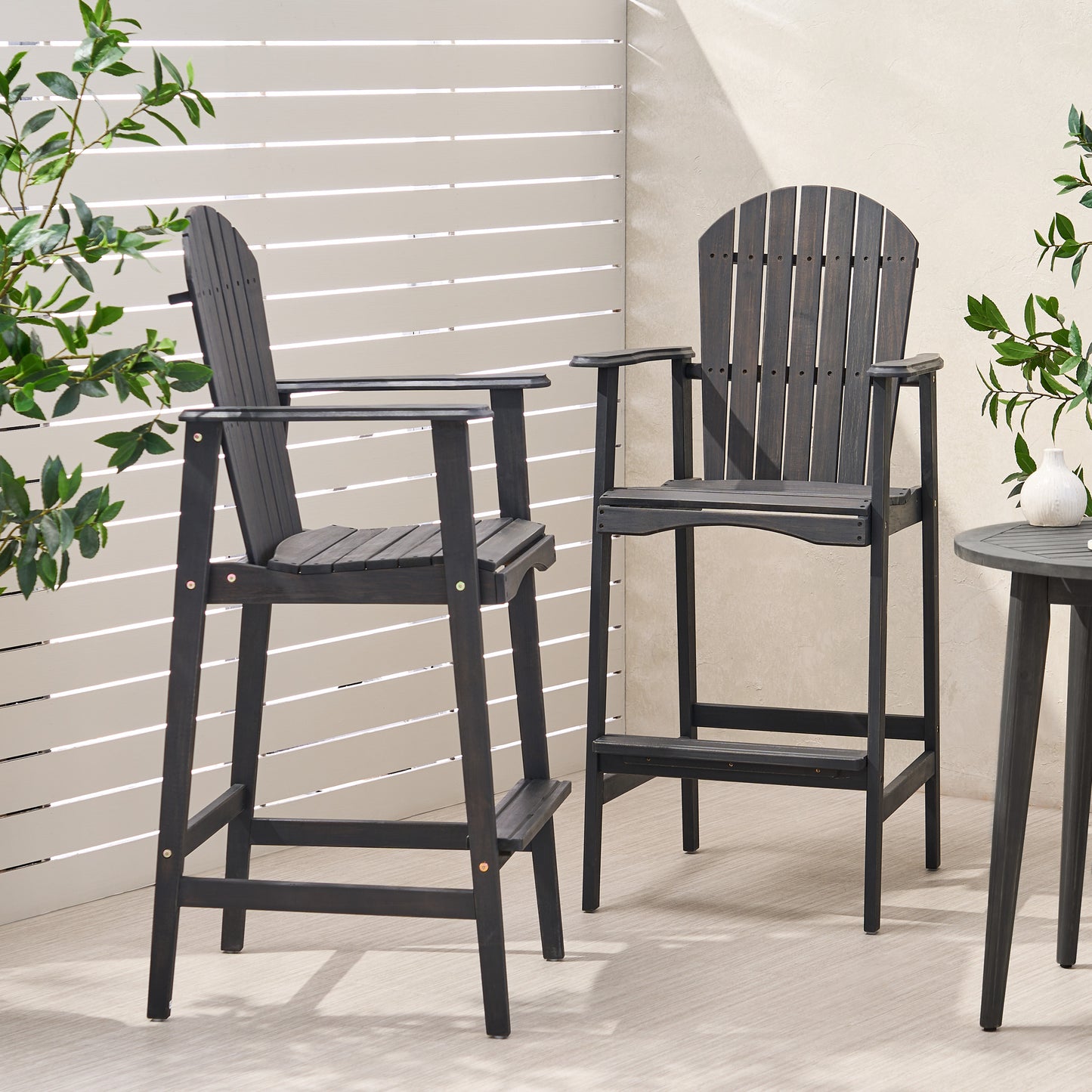 Outdoor Acacia Wood Adirondack Barstools, Set of 2, Dark Gray