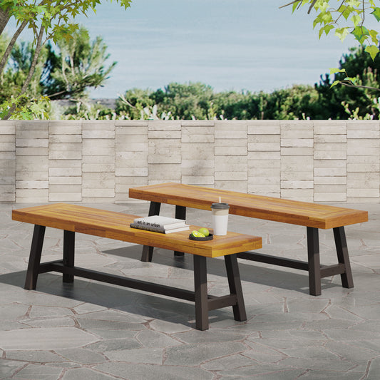 Outdoor Carlisle Benches, Sandblasted Brown + Rustic Metal (Set of 2)