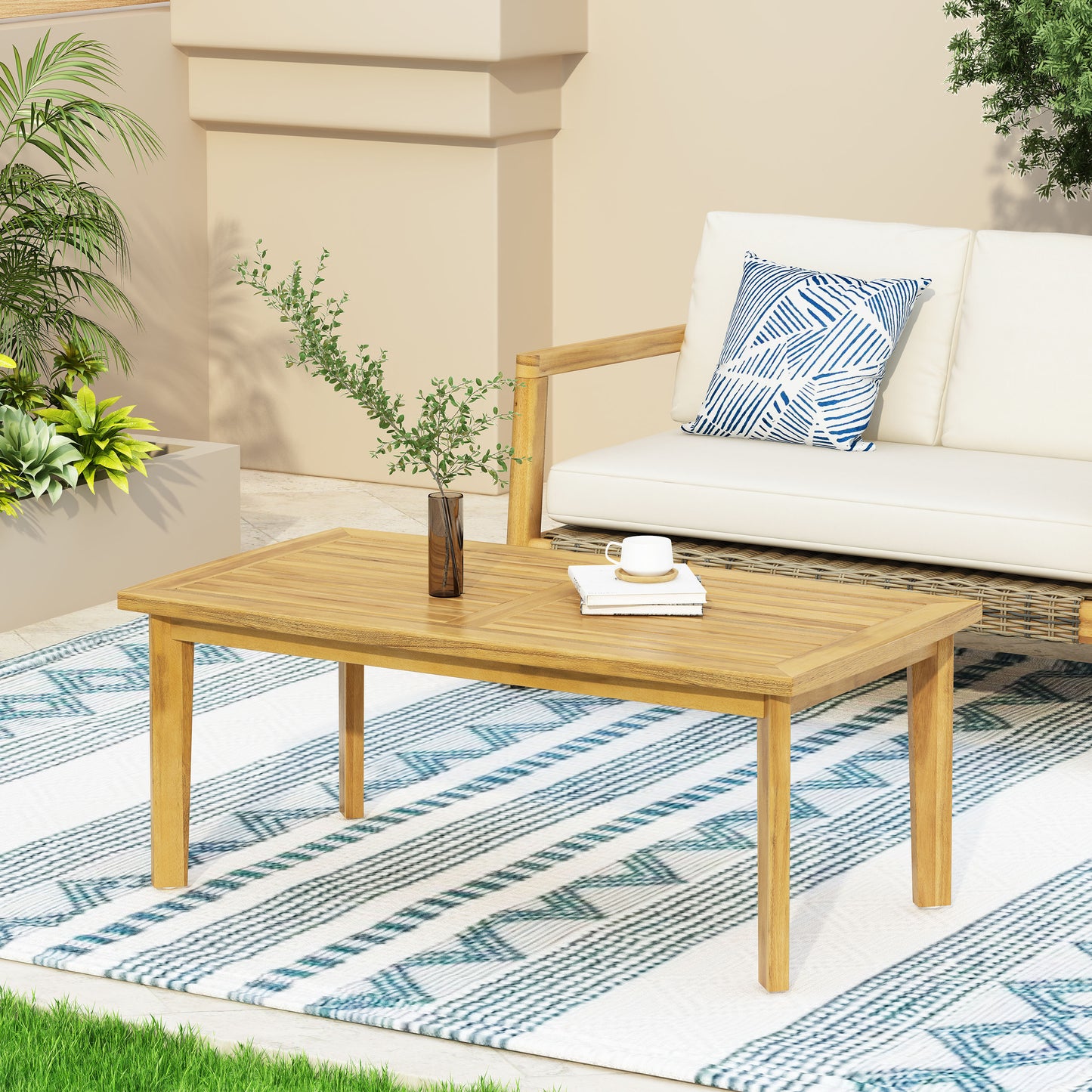 Outdoor Acacia Wood Rectangular Coffee Table, Teak, 43.25" W x 23.50" D x 17.00" H