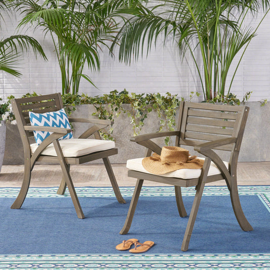 Helen Outdoor Acacia Wood Dining Chair, Gray and Crème(Set of 2)