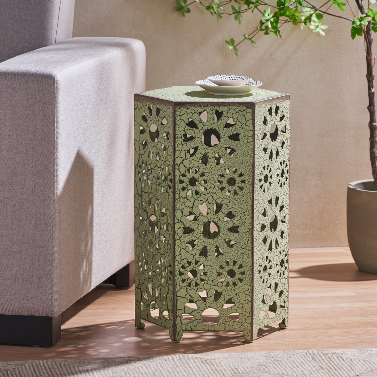 Galore 14" Side Table with Sunburst Cut Out Design, Green