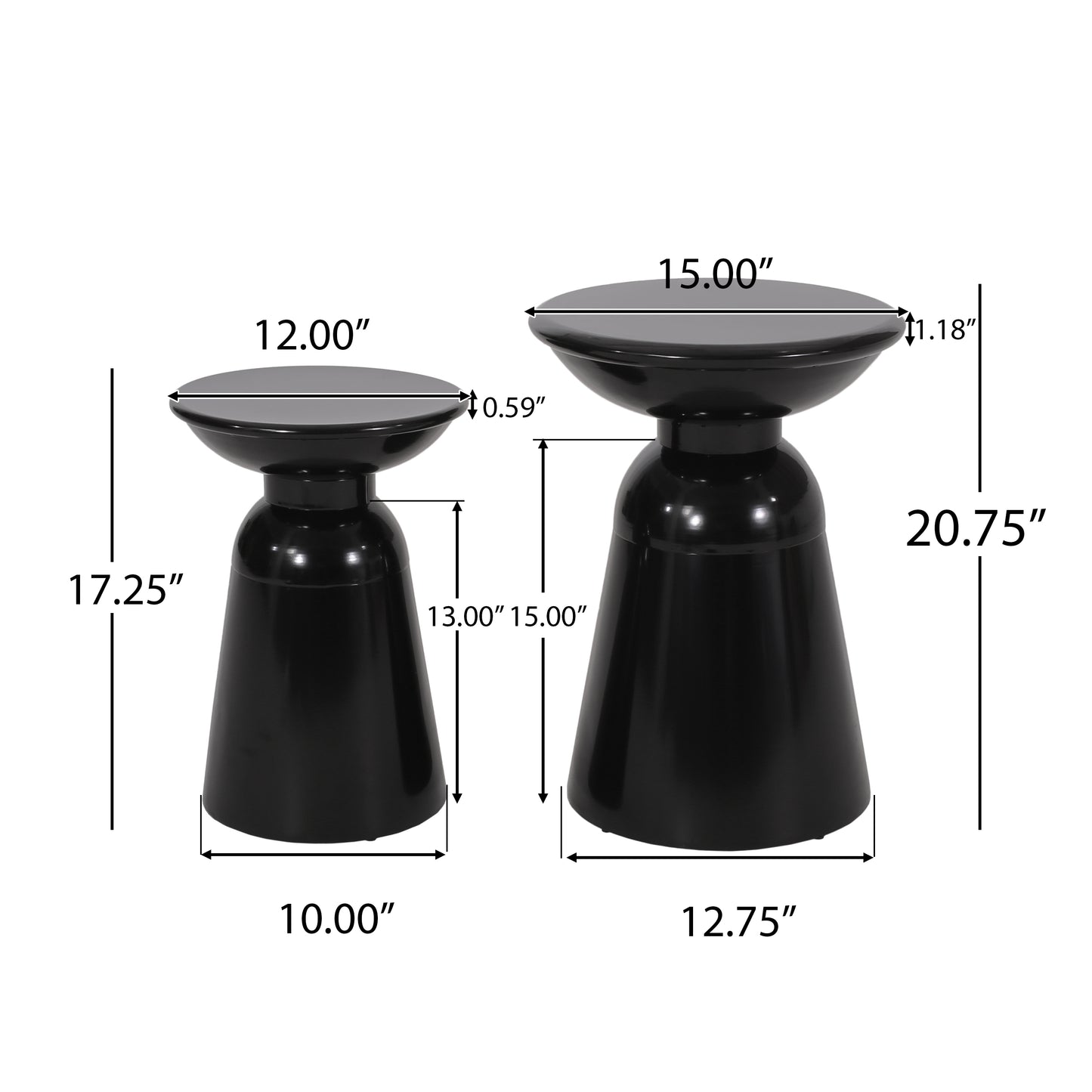 Serenita Outdoor Iron Side Tables with Flared Design, Set of 2 , Black