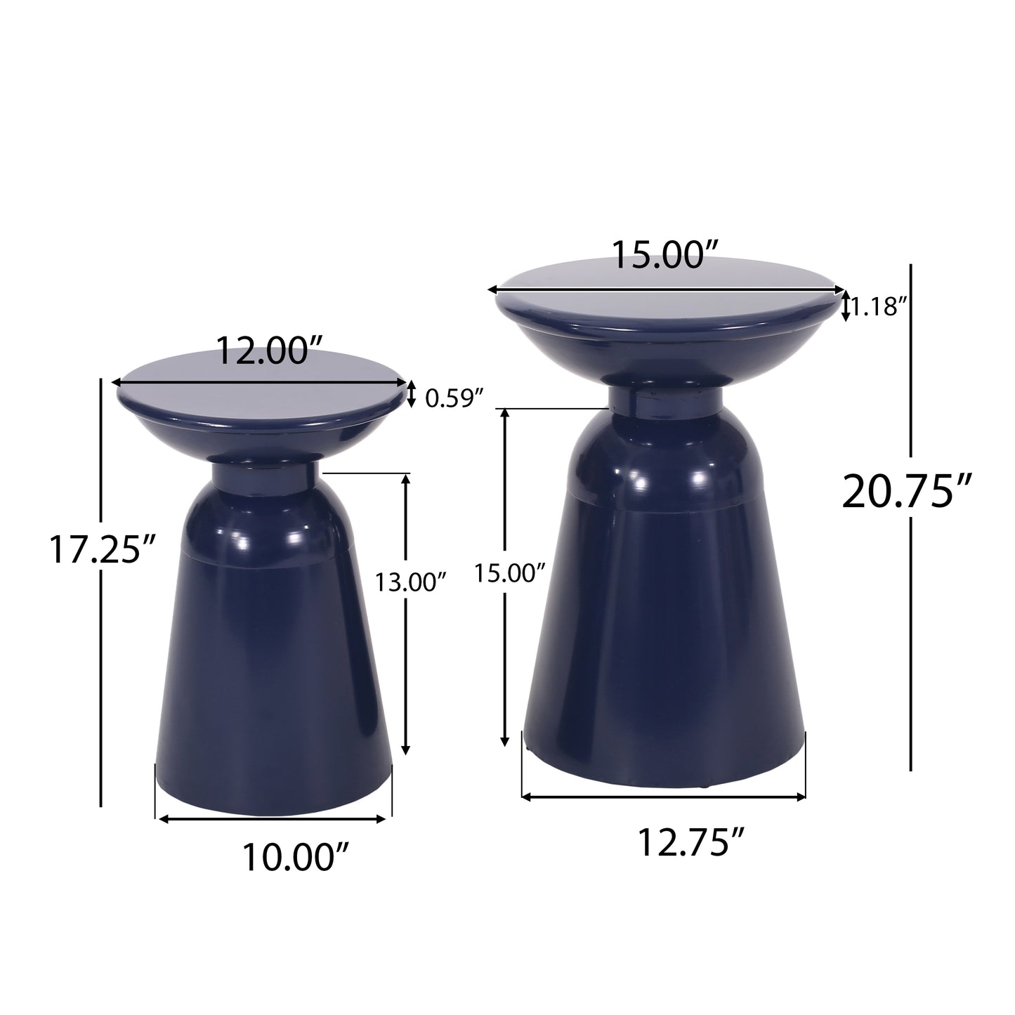 Serenita Outdoor Iron Side Tables with Flared Design, Set of 2 , Navy Blue