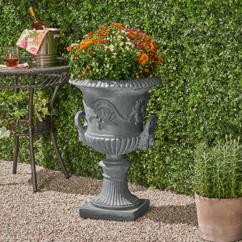 18.75 in. W x 28.25 in. H Black Lightweight Concrete Garden Urn Planter, Roman Design with Botanical Accents