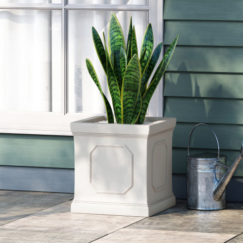 13.75 in. Antique White Lightweight Concrete MgO Floor Planter, Faux-Stone Appearance for Flowers, Herbs and Vegetables