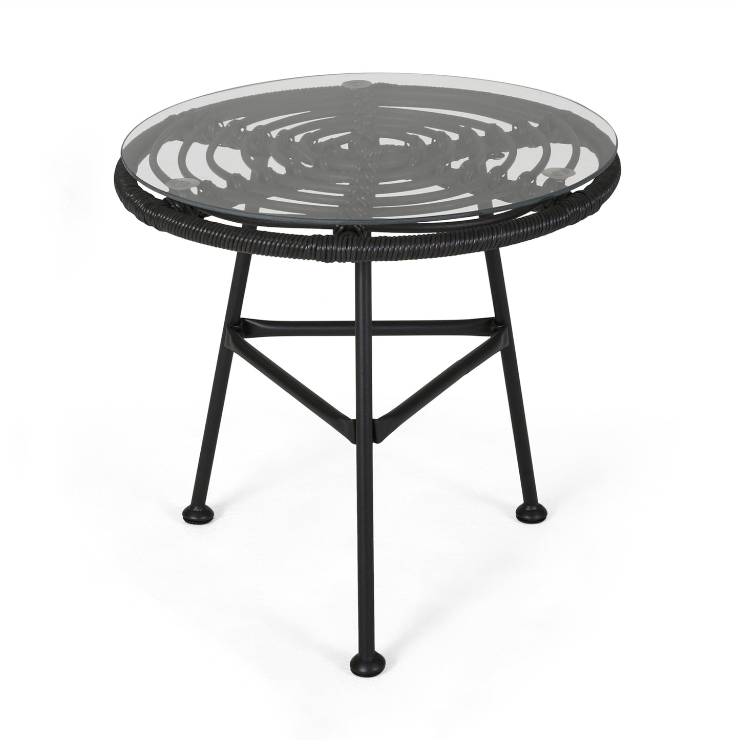 Orlando Outdoor Glass Top Faux Rattan Side Table,Tempered Glass Top End Table for Balcony Porch Deck